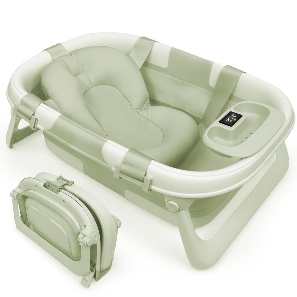 Portable Baby Bath Tub with Temperature Display, Drain Plug & Foldable Design
