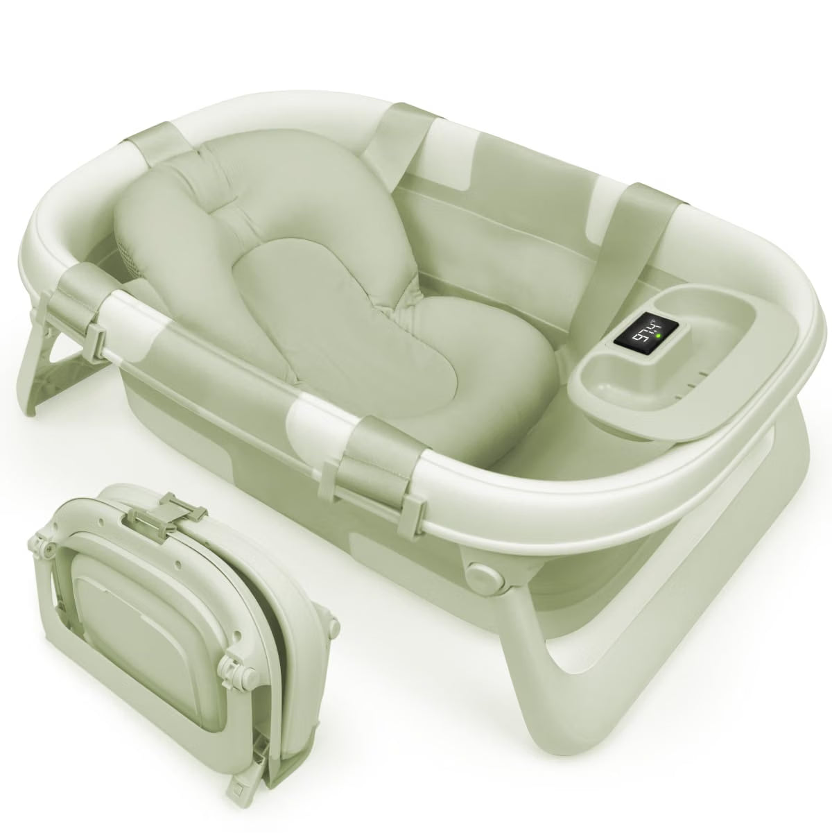 Portable Baby Bath Tub with Temperature Display, Drain Plug & Foldable Design