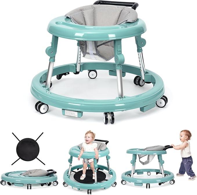 Baby Walker for 7-18 Months, Foldable with 9 Height Adjustments & Anti-Rollover Design