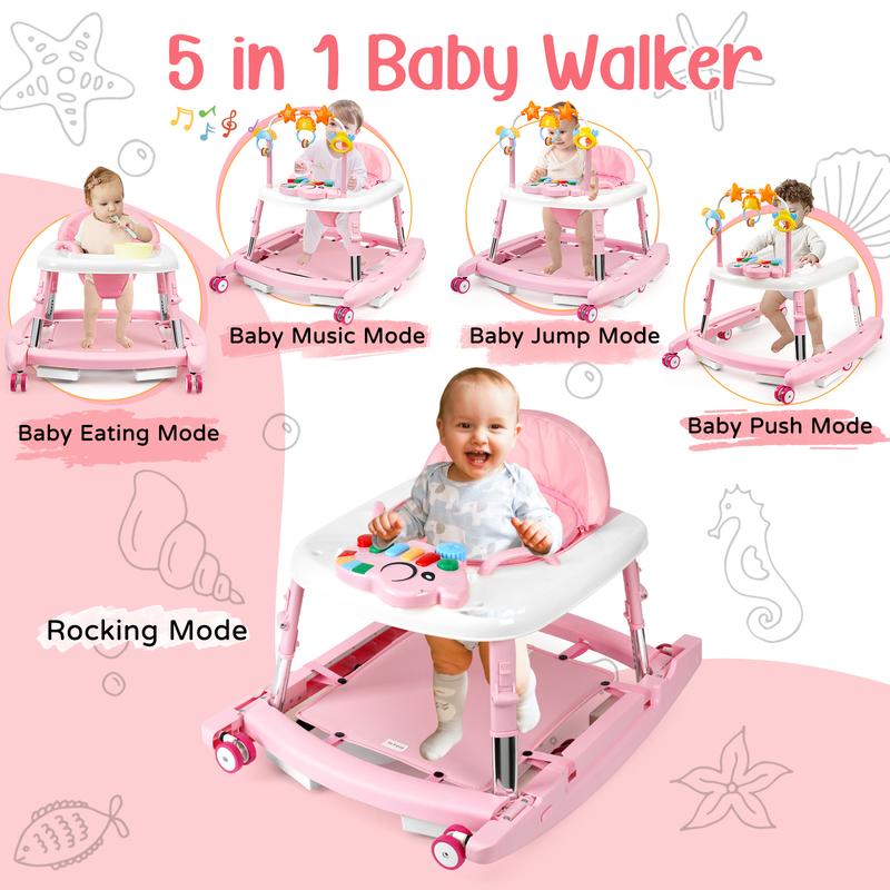 Foldable Baby Walker with Activity Center, Rocking & Push Modes