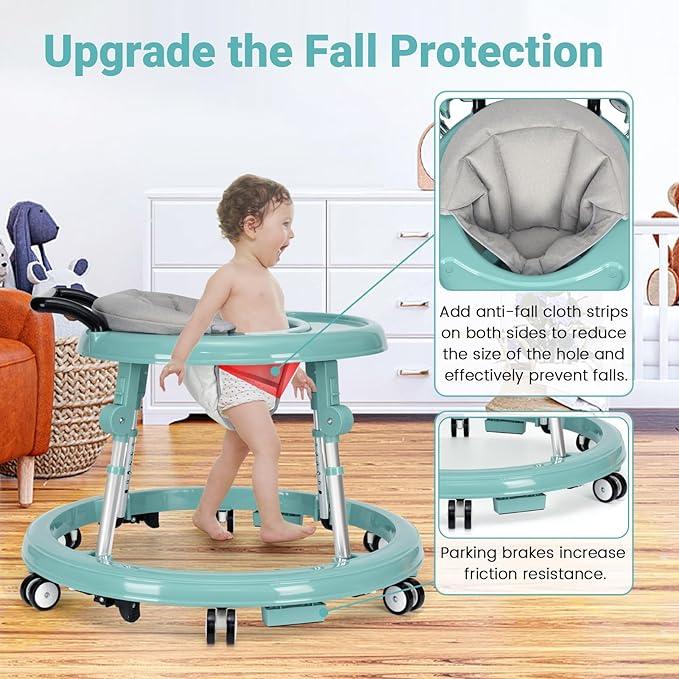 Baby Walker for 7-18 Months, Foldable with 9 Height Adjustments & Anti-Rollover Design