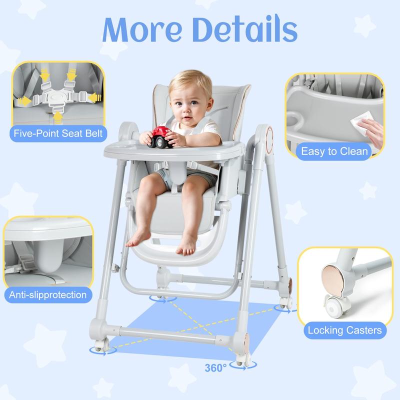 Foldable Baby High Chair, 3-in-1 Convertible High Chair with Reclining Seat