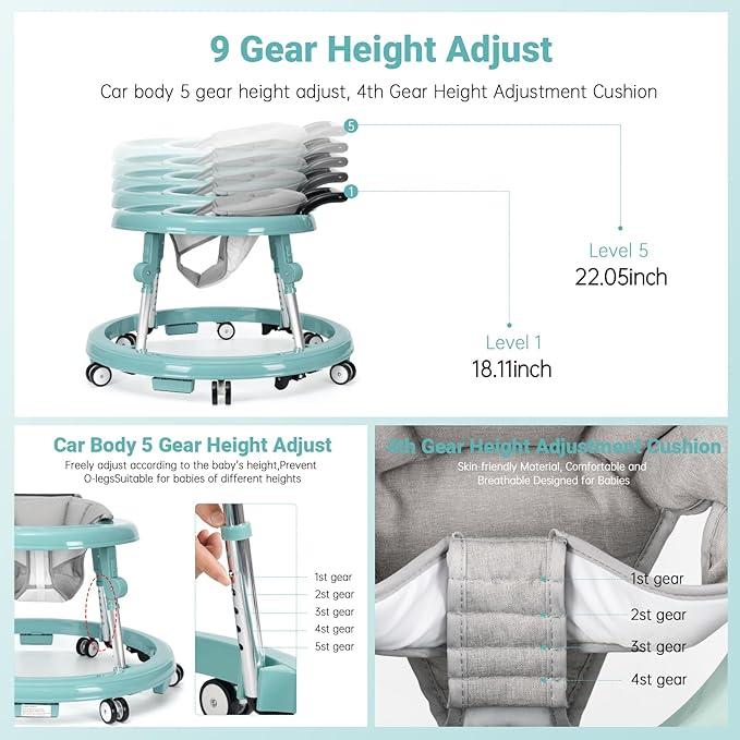 Baby Walker for 7-18 Months, Foldable with 9 Height Adjustments & Anti-Rollover Design