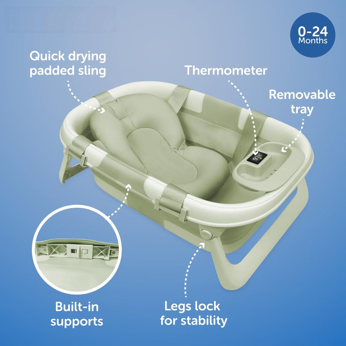 Portable Baby Bath Tub with Temperature Display, Drain Plug & Foldable Design