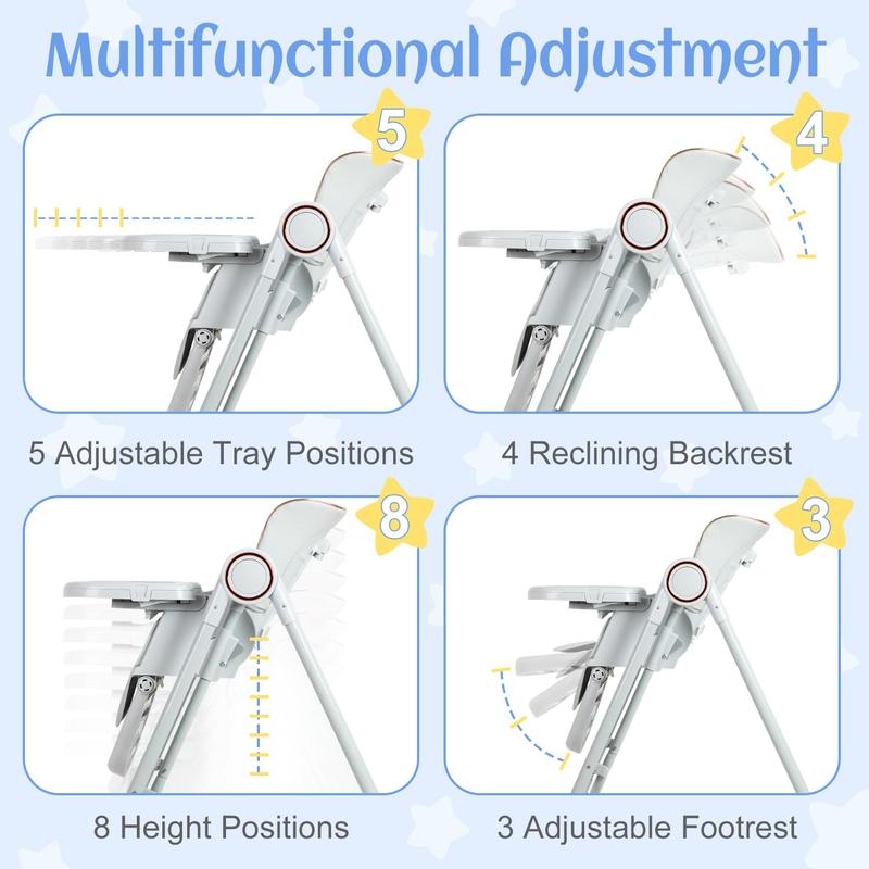 Foldable Baby High Chair, 3-in-1 Convertible High Chair with Reclining Seat