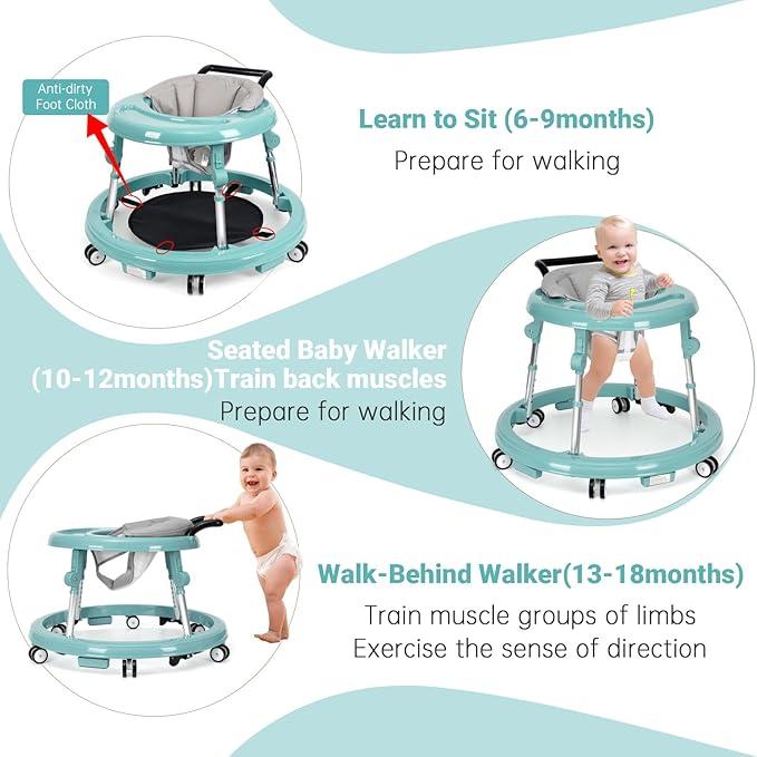Baby Walker for 7-18 Months, Foldable with 9 Height Adjustments & Anti-Rollover Design