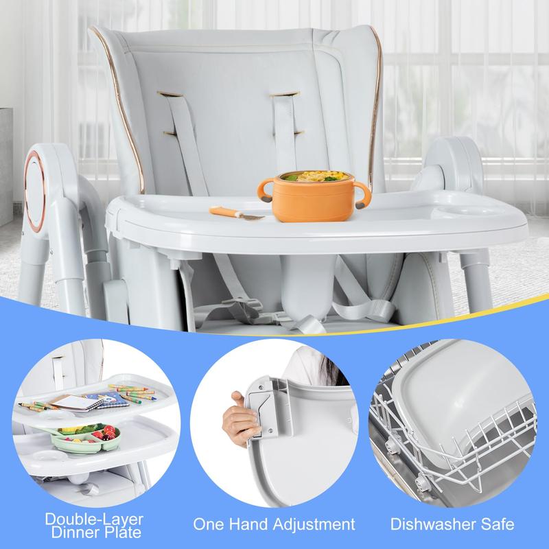 Foldable Baby High Chair, 3-in-1 Convertible High Chair with Reclining Seat