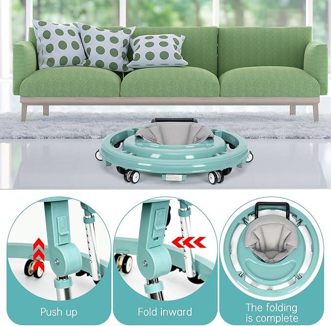 Baby Walker for 7-18 Months, Foldable with 9 Height Adjustments & Anti-Rollover Design