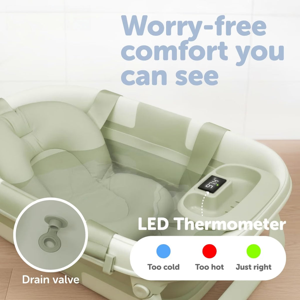 Portable Baby Bath Tub with Temperature Display, Drain Plug & Foldable Design