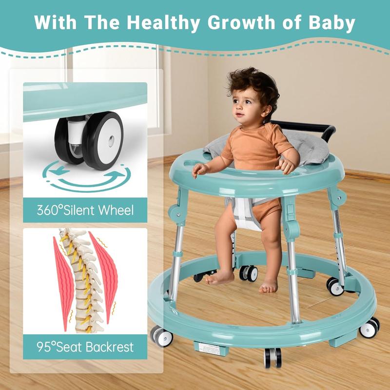 Baby Walker for 7-18 Months, Foldable with 9 Height Adjustments & Anti-Rollover Design