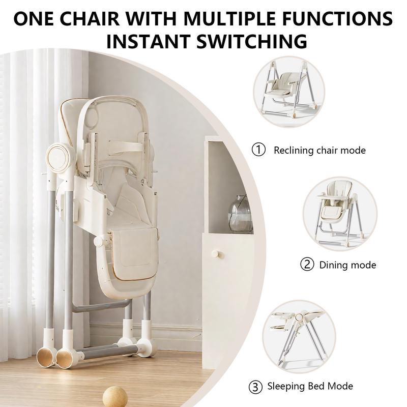 Foldable Baby High Chair, 3-in-1 Convertible High Chair with Reclining Seat