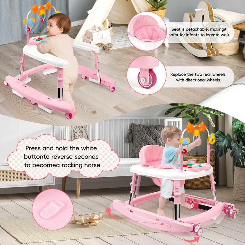 Foldable Baby Walker with Activity Center, Rocking & Push Modes