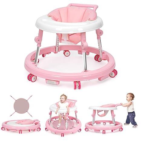 Baby Walker for 7-18 Months, Foldable with 9 Height Adjustments & Anti-Rollover Design
